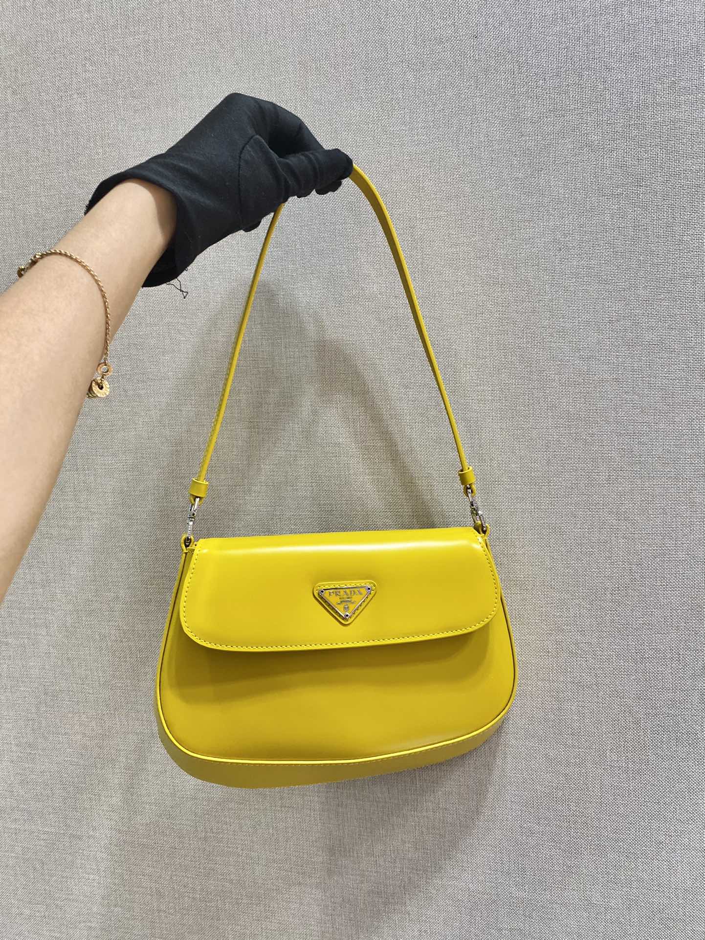 Prada Cleo Brushed Leather Shoulder Bag With Flap Yellow 1BD311